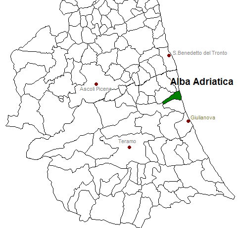 posizione del comune di Alba Adriatica all'interno delle province di Ascoli Piceno e Teramo