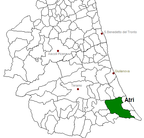 posizione del comune di Atri all'interno delle province di Ascoli Piceno e Teramo