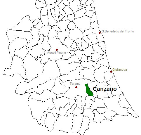 posizione del comune di Canzano all'interno delle province di Ascoli Piceno e Teramo