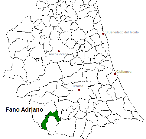 posizione del comune di Fano Adriano all'interno delle province di Ascoli Piceno e Teramo