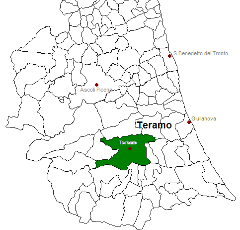 posizione del comune di Teramo all'interno delle province di Ascoli Piceno e Teramo