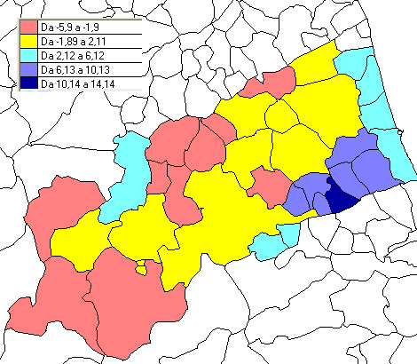 Cartografia delle variazioni percentuali della popolazione residente nei comuni della Provincia di Ascoli Piceno