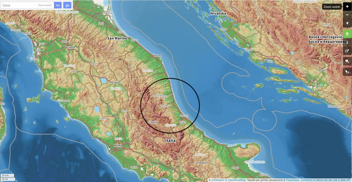posizione della area geografica nella carta fisica dell'Italia