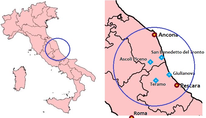 posizione delle nostre città principali (Ascoli Piceno, Teramo, Giulianova, San Benedetto del Tronto) nella carta regionale d'Italia