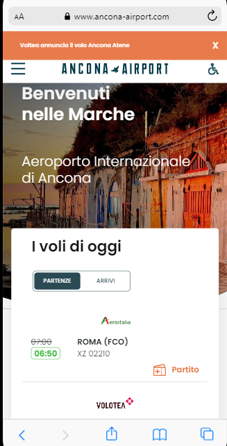 videata della homepage del sito ufficiale dell'Aeroporto di Ancona Falconara - 17 marzo 2024