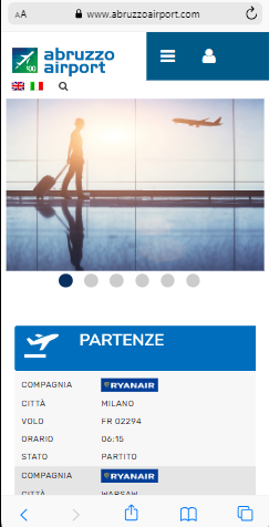 videata della homepage del sito ufficiale dell'Aeroporto di Pescara - 17 marzo 2024