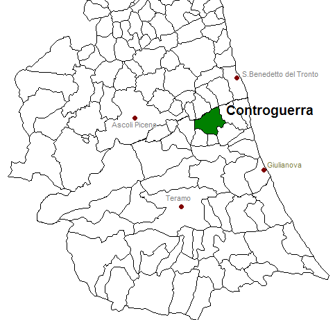 posizione del comune di Controguerra all'interno delle province di Ascoli Piceno e Teramo
