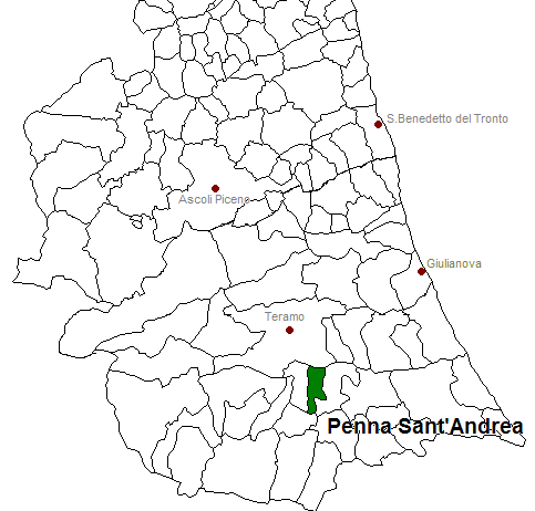 posizione del comune di Penna Sant'Andrea all'interno delle province di Ascoli Piceno e Teramo