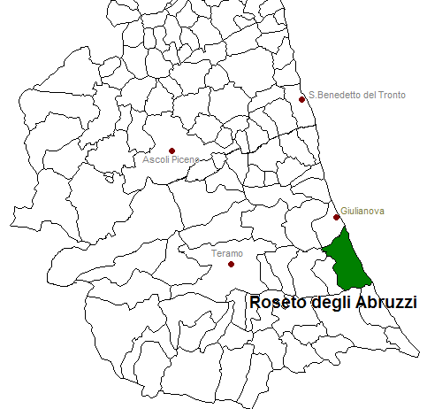 posizione del comune di Roseto degli Abruzzi all'interno delle province di Ascoli Piceno e Teramo