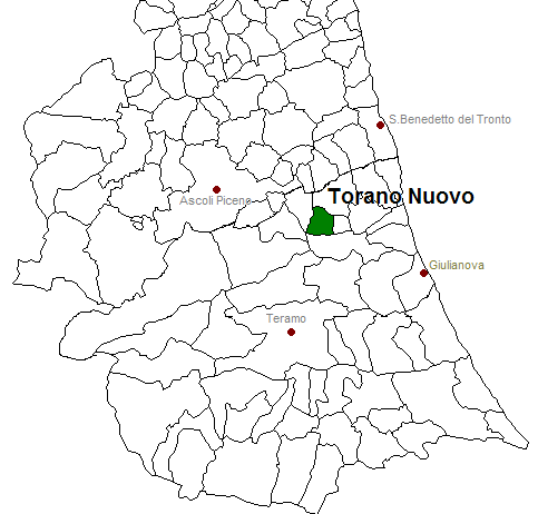 posizione del comune di Torano Nuovo all'interno delle province di Ascoli Piceno e Teramo