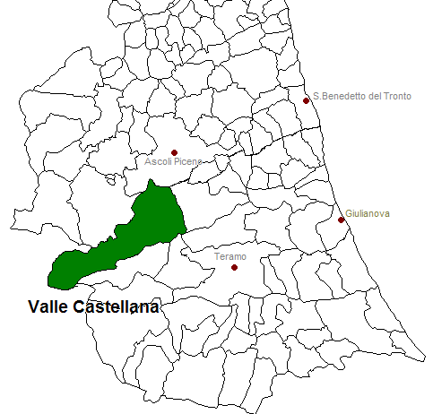 posizione del comune di Valle Castellana all'interno delle province di Ascoli Piceno e Teramo